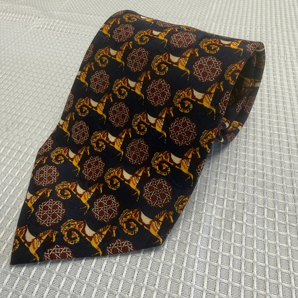 CG Mens Navy Blue Equestrian Carousel Horse Crepe de Chine Tie Hand Made